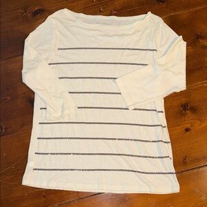 Ann Taylor Factory Ivory and Charcoal Striped Long Sleeve Top